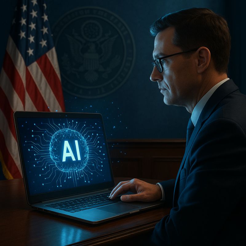 Government official reviewing AI systems with US flag in background