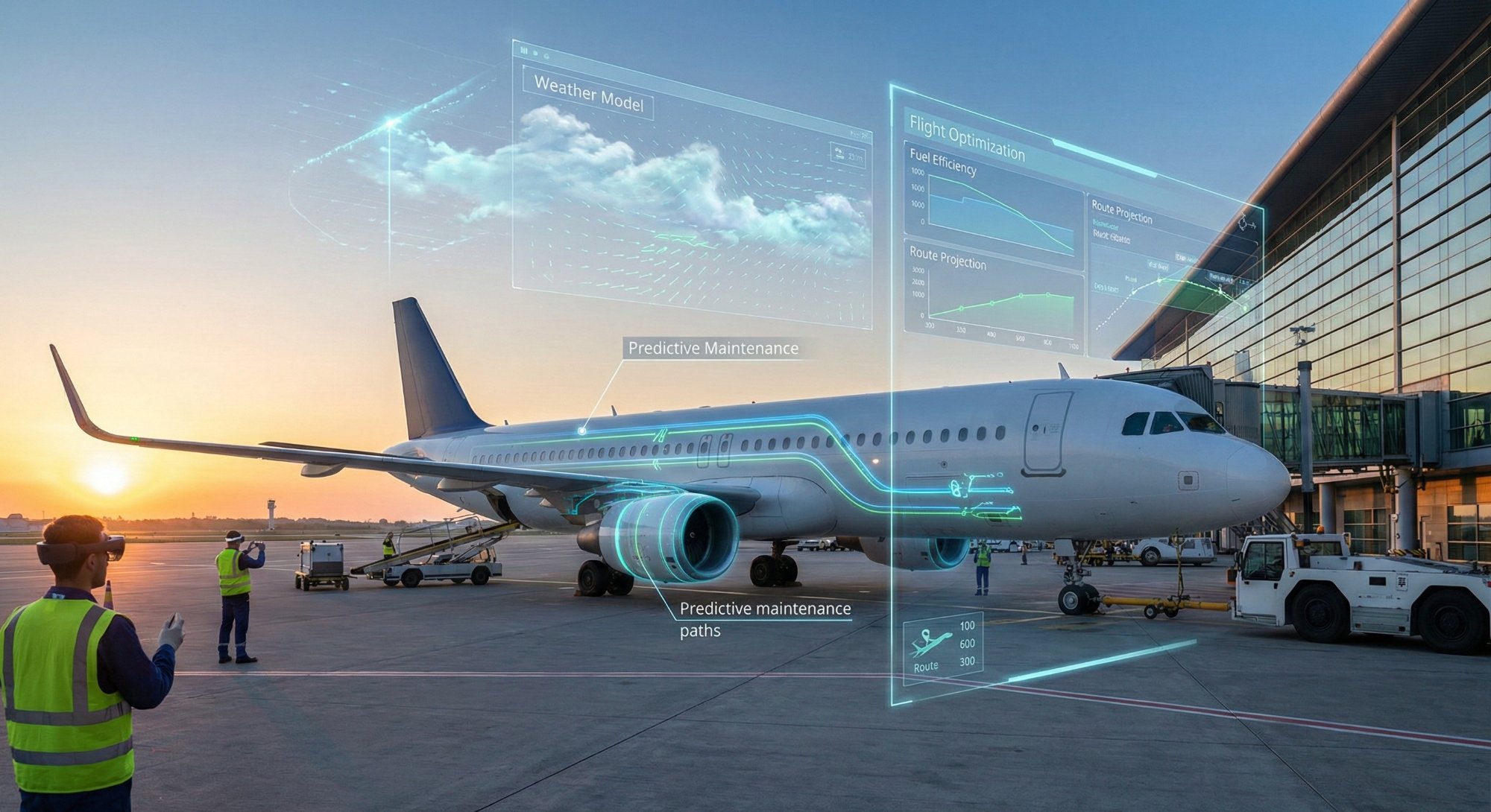 Aircraft on tarmac with AI-powered predictive maintenance and flight optimization data overlays