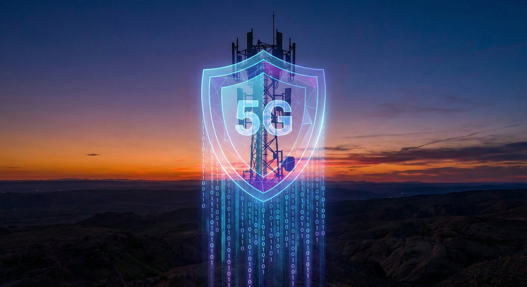 5G cell tower with cybersecurity shield overlay and binary data streams at sunset