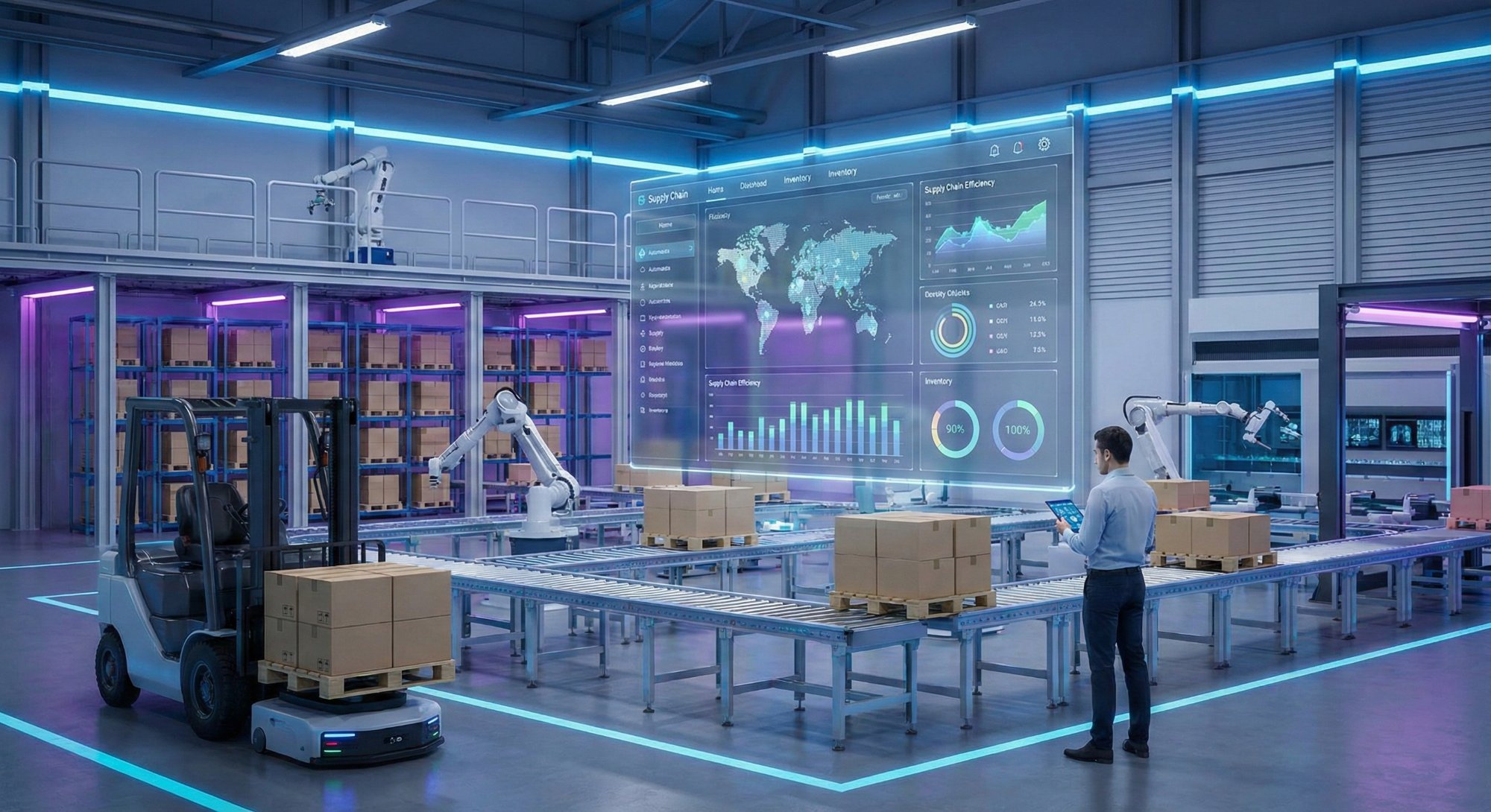 Automated warehouse with robotic arms, AI-driven supply chain analytics dashboard, and conveyor systems
