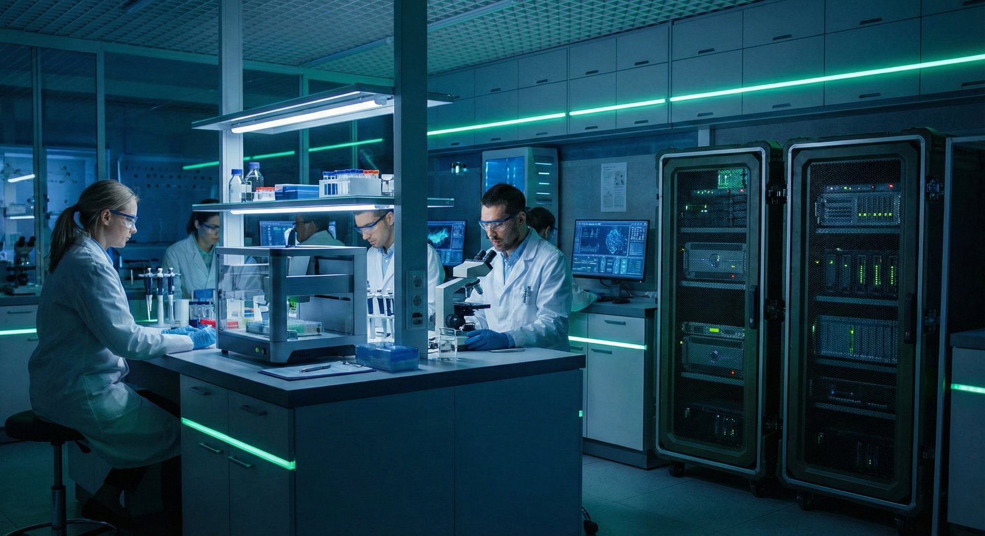 Pharmaceutical research laboratory with scientists, microscopes, and high-performance computing servers