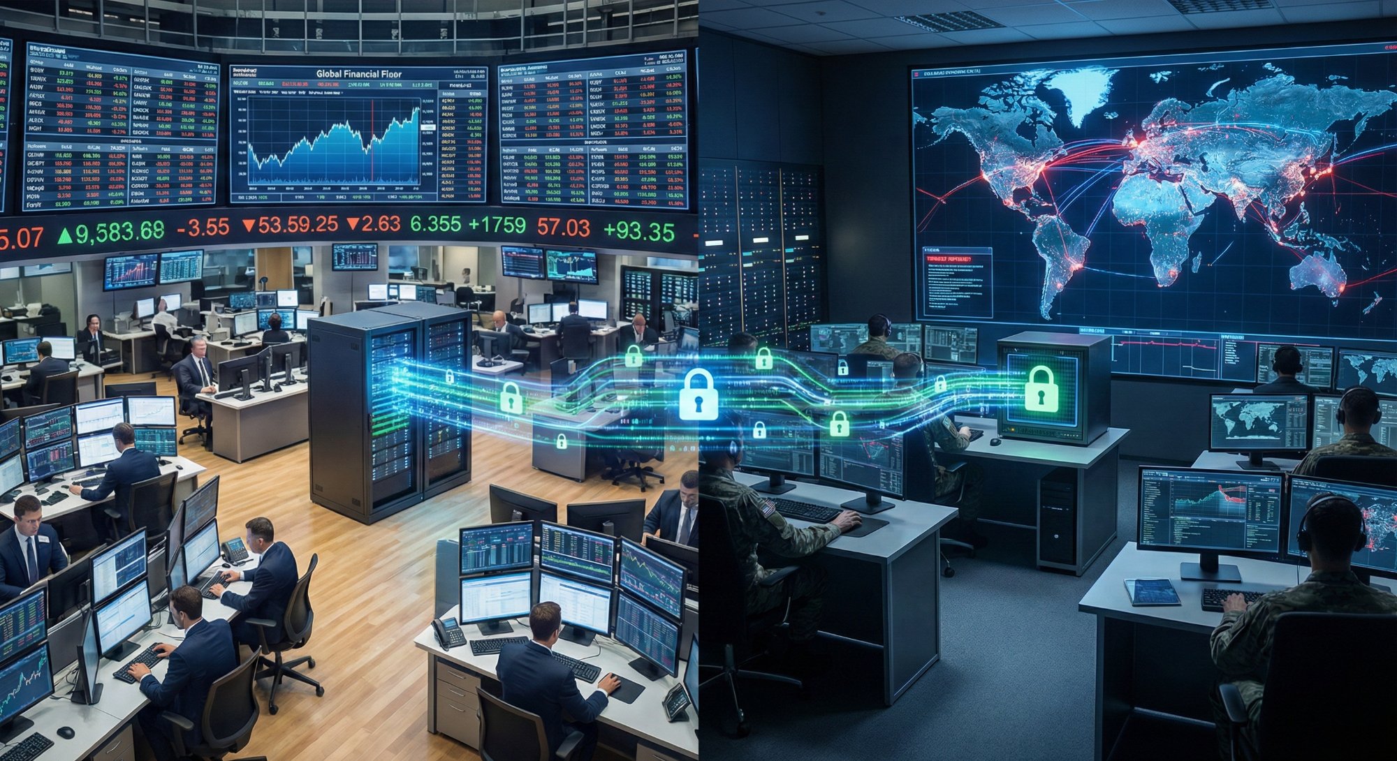 Split view — global financial trading floor and military cyber operations center connected by encrypted data streams