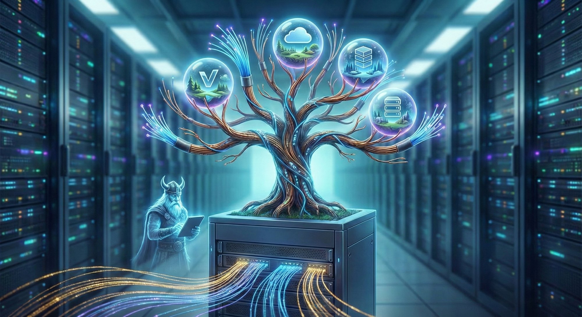 Viking warrior reviewing a glowing tree of cloud platform options growing from a server rack in a data center