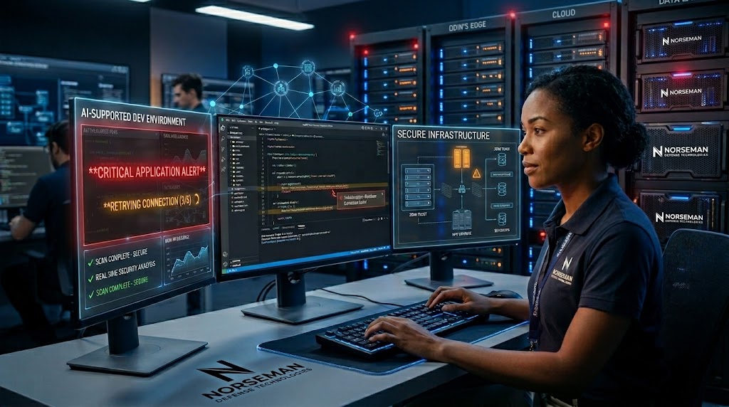 Developer workstation with AI code assistant overlaid on secure DevSecOps pipeline architecture