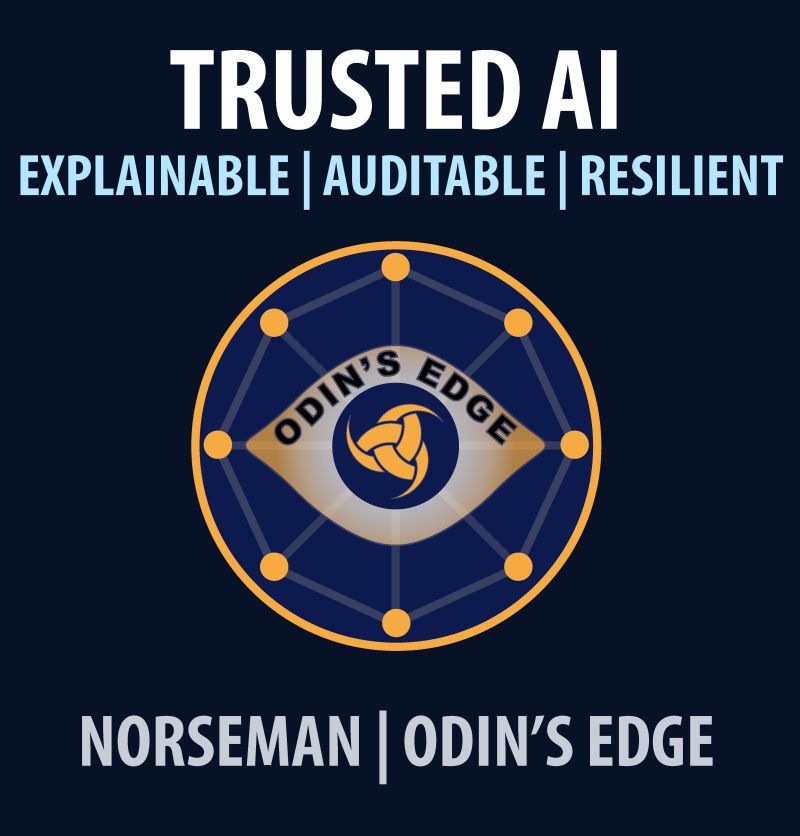 Trusted AI — Explainable, Auditable, Resilient — Odin's Edge emblem