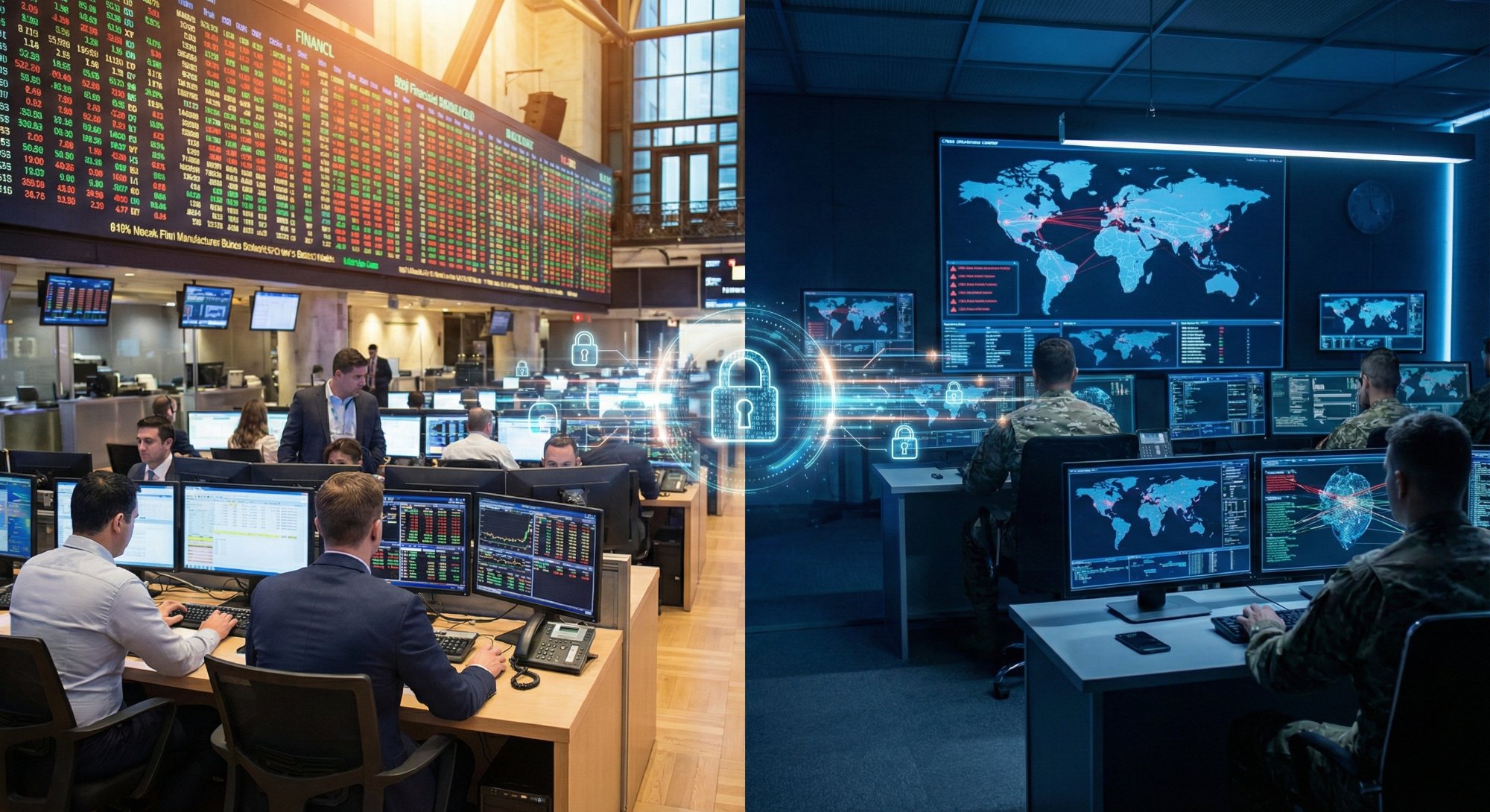 Split view — commercial trading floor and military security operations center connected by cybersecurity overlay
